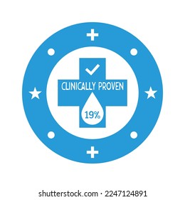 Icono vector clínicamente comprobado del 19%. Insignia vectorial, probada clínicamente, aprobada. Icono de resultado garantizado clínicamente comprobado. Pegatina, etiqueta o vectores de sello.
