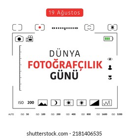 posdiseño en la vista de pantalla de la cámara. traducción: Día mundial de la fotografía 19 de agosto