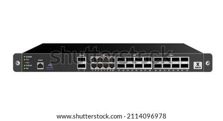 19" rackmount firewall with 1 management port, 1 USB port, 8 GBE ports, 8 SFP optical ports, 8 SFP+ optical ports and 2 WAN 10G SFP+ ports. Designed for carrier-class networks. vector illustration.