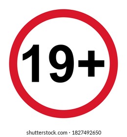 19 restriction flat sign isolated on white background. Age limit symbol. No under nineteen years warning illustration