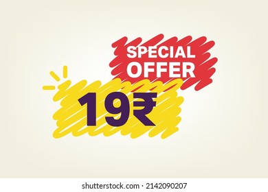 19 Rupee OFF Sale Discount banner shape template. Super Sale 19 Indian rupee Special offer badge end of the season sale coupon bubble icon. Discount offer price tag vector illustration.