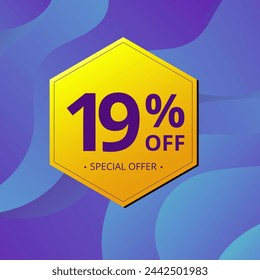 19% Sale and Discount Label. Nineteen percent Sale Discount label Geometric design. Abstract Blue and Yellow Hexagon. Vector illustration.