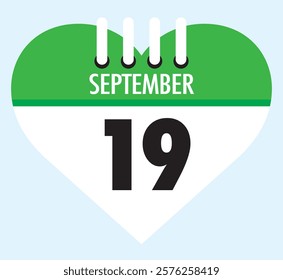 19 September calendar icon green heart shape on light sky blue color background, calendar vector symbol for the month of September.