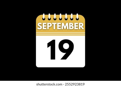 Diseño web mensual de la página de texto del ícono del calendario del 19 de septiembre sobre el Vector, el ícono o la ilustración de fondo dorado, negro y blanco con el mes del 19 de septiembre
