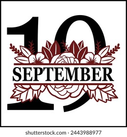 19 September Floral Split Silhouette Counting Vector Design | Print Design | Cut file | Shirt Design | Birthday Gift