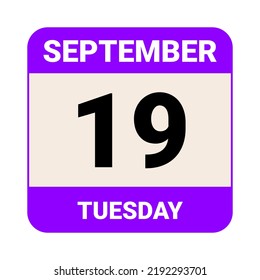 19 de septiembre, martes. Plantilla de fecha. Diseño útil para la promoción de calendarios o eventos. Ilustración vectorial Archivo EPS 10. 