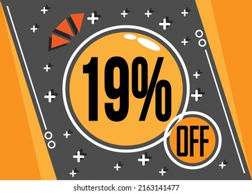 19% de oferta especial. 19% de descuento para tiendas web y virtuales. Vector en naranja y negro.