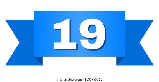 19 text on a ribbon. Designed with white caption and blue stripe. Vector banner with 19 tag.