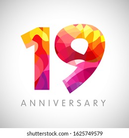 19 th anniversary numbers. 19 years old facet logotype. Age congrats, congratulation idea. Isolated abstract graphic design template. Creative 1, 9 3D yellow red digits. Up to 19% percent off discount
