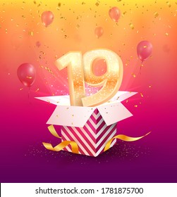 19 th years anniversary vector design element. Isolated nineteen years jubilee with gift box, balloons and confetti on a bright background. 