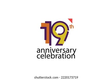 19 Jahre Jubiläum Feier abstrakte Stil Logotype. Jubiläum mit violetter, gelber, orangefarbener Farbe einzeln auf weißem Hintergrund, Vektordesign für Feiern, Einladung, Grußkarte - Vektorgrafik