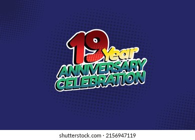 19 year anniversary celebration fun style logotype. anniversary logo with red, purple and blue color isolated on red background, vector design for celebration, invitation and greeting card - Vector