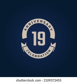 19 Year Anniversary Celebration with Golden Color for Celebration Event, Wedding, Greeting card, and Invitation Isolated on Blue Background