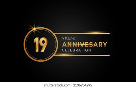 19 Year Anniversary Celebration Golden and Silver Color with Circle Ring for Celebration Event, Wedding, Greeting card, and Invitation Isolated on Black Background