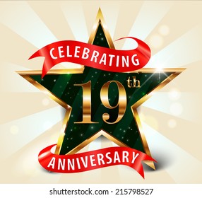 19 year anniversary celebration golden star ribbon, celebrating 19th anniversary decorative golden invitation card - vector eps10