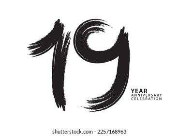 Celebración del aniversario de 19 años logotipo vector de pincel negro, diseño de 19 números, invitación del cumpleaños 19, plantilla de aniversario, vector de diseño de número de logo, fuente de caligrafía, logotipo de tipografía