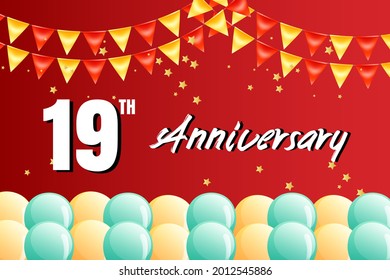 Celebración del aniversario de 19 años, diseño vectorial para celebraciones, tarjetas de invitación y tarjetas de felicitación