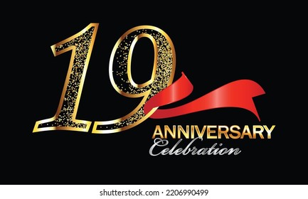 19-jährige Jubiläumsfeier Vector Design mit rotem Band und Glitter. Feierlichkeiten zum 19. Jahrestag. Gold Luxury Banner des 19. Jubiläums. neunzehnte Fest-Karte. Vektor-Jubiläum