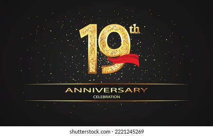 19 Year Anniversary celebration Vector Design with red ribbon and glitter. 19th Anniversary celebration. Gold Luxury Banner of 19th Anniversary. celebration card