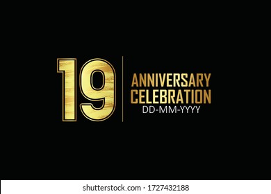 19 year anniversary celebration Yellow Golden Color Sporty Design logotype. anniversary logo isolated on Black background, for celebration, invitation card, and greeting card - Vector