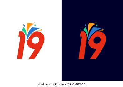 19 year anniversary firework logo design. Number celebration with colorful spark. Simple icon for carnival or festival