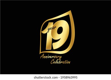 19 year anniversary gold color minimalist logo with golden leaf line jubilee, greeting card. Birthday invitation sign. Gold space vector illustration on Black background - Vector