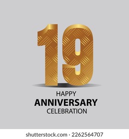 19 year anniversary, Gold shiny metallic numbers set, gold font sign isolated on gray background. Luxury fashion typography design for decoration, web, design, advertising. Vector illustration