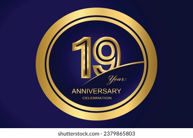 19 Year Anniversary Logo, Golden Color, Vector Template Design element for birthday, invitation, wedding, jubilee and greeting card illustration.