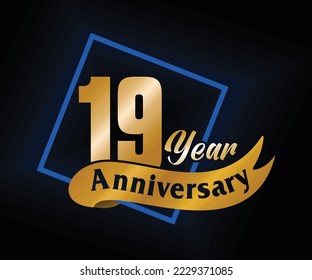 19 Year Anniversary ordinal number Counting vector art illustration in stunning font on gold color on black background
