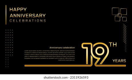 19 year anniversary template with gold color number and text, vector template