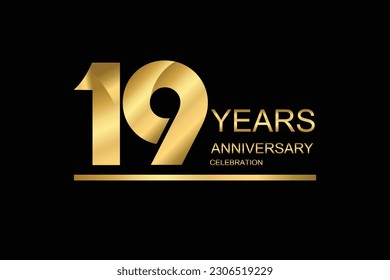 19 year anniversary vector banner template. gold icon isolated on black background.