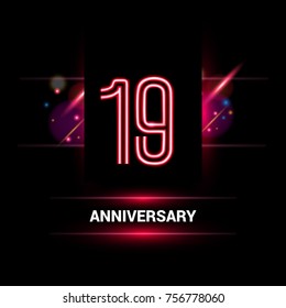 19 Year Anniversary vector logo design using neon style with flare ornament isolated on dark background