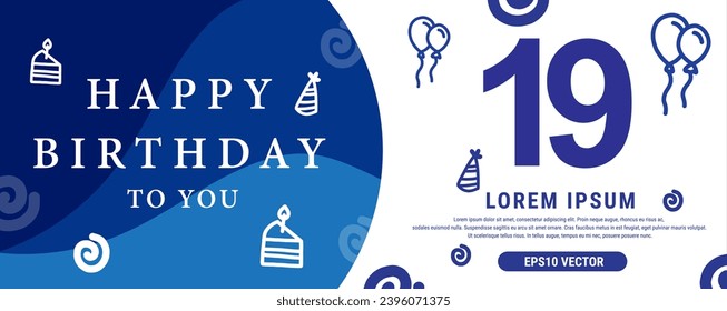 19 year celebration Creative Happy Birthday Text. Blue color decorative banner design, Vector illustration.