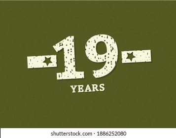 19 years anniversary with badge military, grunge pattern. Army design with star on green camouflage background. Vector perfect for any military labels, posters and armed force etc.