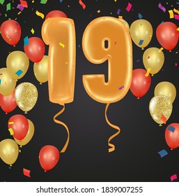 19 years anniversary and birthday with template design on background colorful balloon and colorful tiny confetti pieces for celebration
