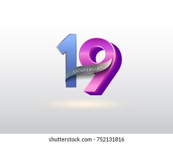 19 years anniversary blue and pink logotype with ribbon isolated on white background, vector design for greeting card and invitation card.