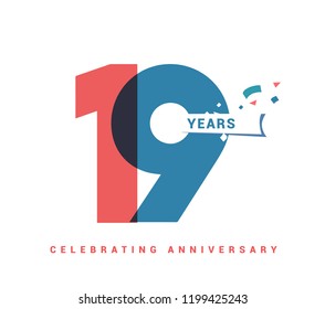 19 years anniversary celebration colorful logo with fireworks on white background. 19th anniversary logotype template design for banner, poster, card vector illustrator