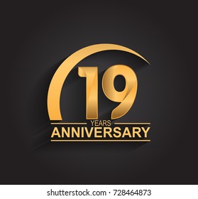 19 years anniversary celebration. Anniversary logo with swoosh and elegance golden color isolated on black background, vector design for celebration, invitation card, and greeting card