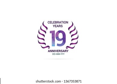 19 years anniversary celebration logotype. anniversary logo with watercolor purple and blue  isolated on white background, vector design for celebration, invitation card, and greeting card-vector