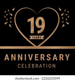 19 years anniversary celebration logotype. anniversary logo with golden color isolated on black background, vector design for celebration, invitation card, and greeting card. Eps10 Vector Illustration