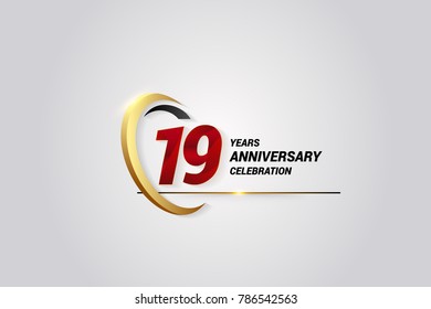 19 Years Anniversary Celebration Logotype. Red Elegant Vector Illustration with Gold Swoosh, Isolated on Black Background can be use for Celebration, Invitation, and Greeting card