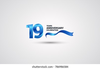 19 Years Anniversary celebration logotype colored with shiny blue, using ribbon and isolated on white background