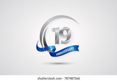 19 Years Anniversary Celebration Logotype. Silver Elegant Vector Illustration  with Swoosh,  Isolated on white Background can be use for Celebration, Invitation, and Greeting card