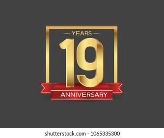 19 years anniversary design logotype golden color with square and red ribbon for celebration event isolated on black background