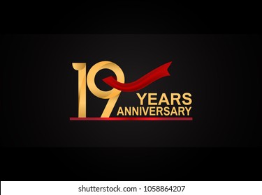 19 years anniversary design with red ribbon and golden color isolated on black background