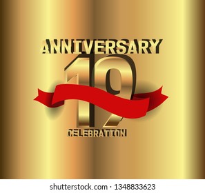 19 years Anniversary golden font with golden background and red ribbon. Red ribbon on top golden font number. Font with shadow