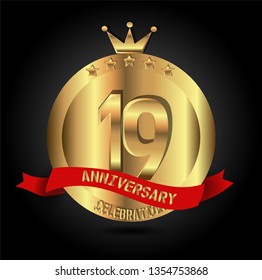 19 years anniversary with golden font, circle, crown, and star with red ribbon. anniversary text on top ribbon. Design like coin or medal with crown on top. My all design can see in my portofolio