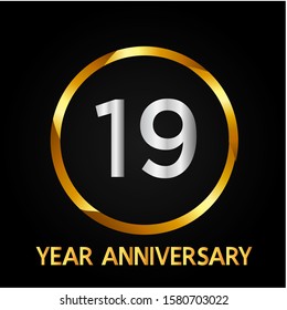 19 years anniversary golden and silver color with circle ring isolated on black background for anniversary celebration event