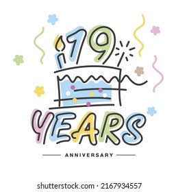 19 Years Anniversary Handwritten Typography Lettering Greeting Card With Colorful Big Cake, Sparkle Firework, Number, Candle And Confetti