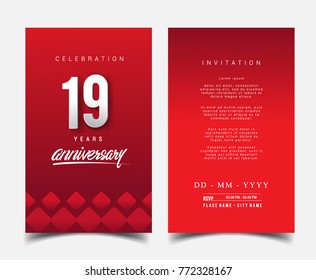 19 Years Anniversary Invitation/Greeting Card with Flat Design and Elegant, Isolated on Red Background. Vector illustration.